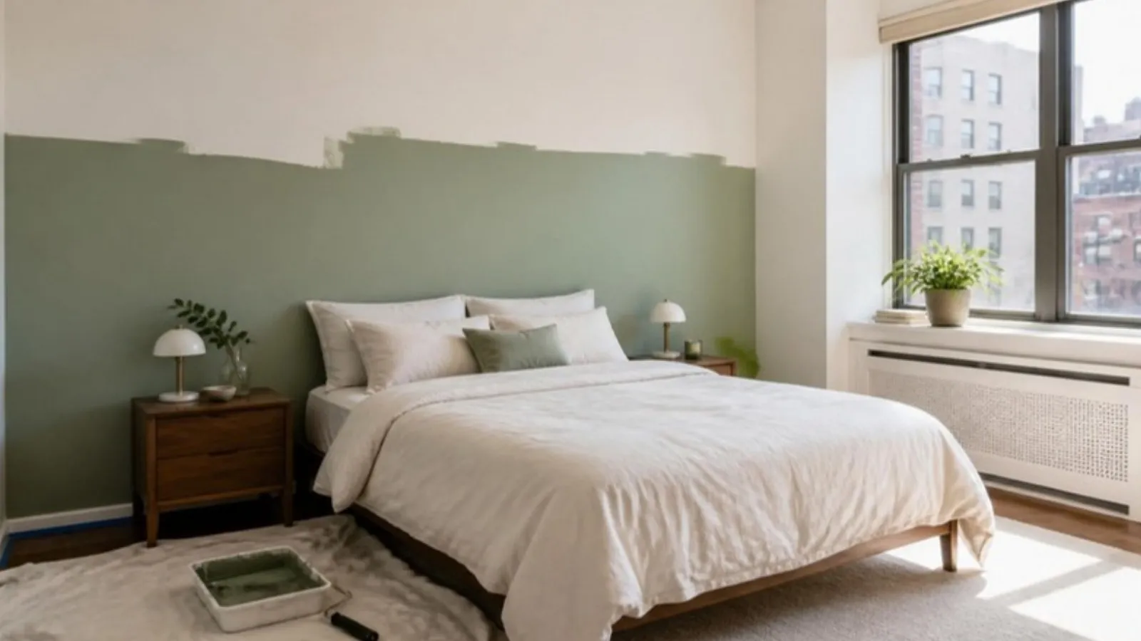Quarto de apartamento com meia parede pintada de verde-sálvia (imagem ilustrativa)