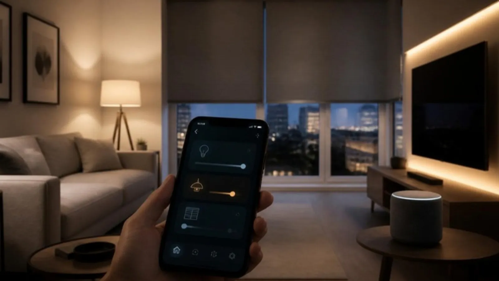 Sala de apartamento com luz controlada por aplicativo (imagem ilustrativa)
