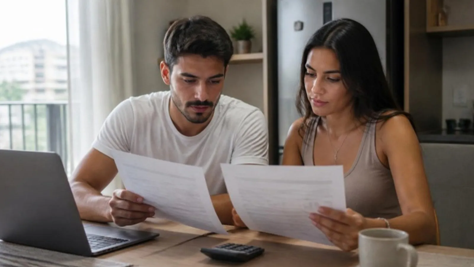 Casal comparando simulações de financiamento imobiliário (imagem ilustrativa)