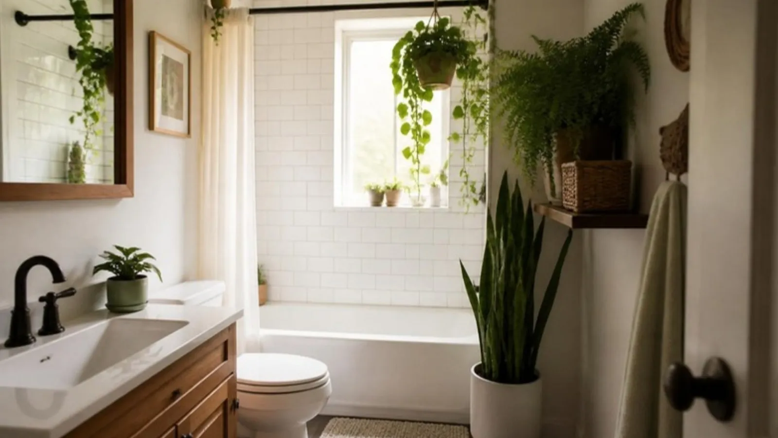 Banheiro de apartamento com plantas penduradas e em prateleira (imagem ilustrativa)