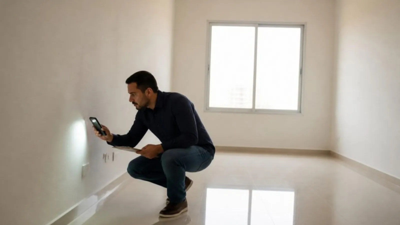 Comprador vistoriando apartamento novo antes da entrega das chaves (imagem ilustrativa)