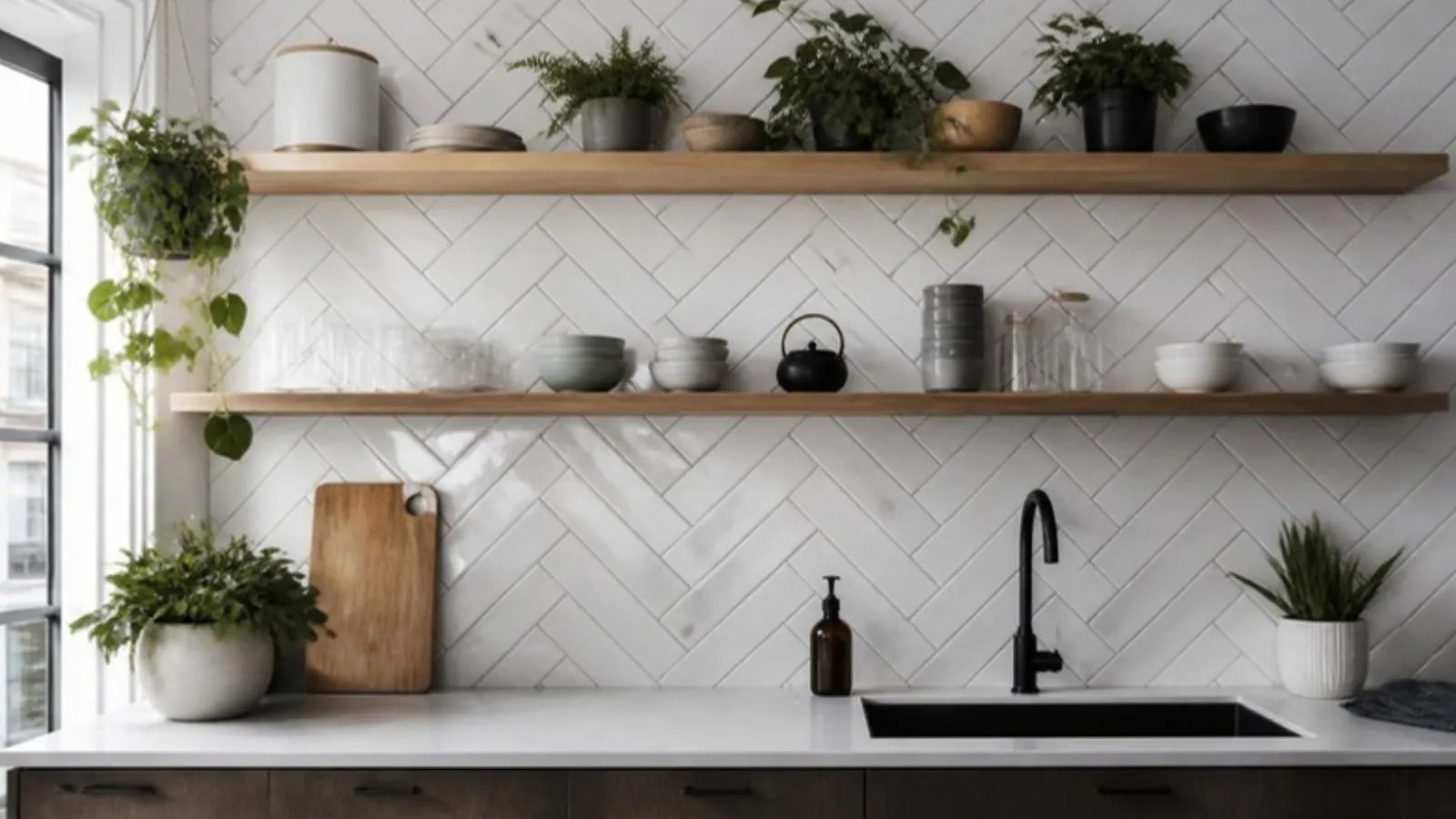 Parede de cozinha com revestimento metro white em espinha de peixe (imagem ilustrativa)