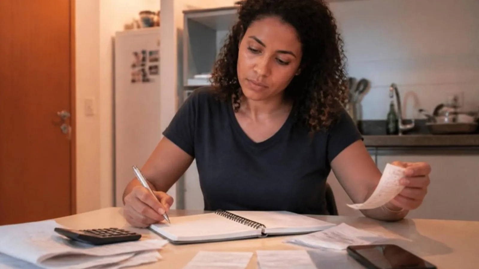 Mulher organizando contas e orçamento doméstico (imagem ilustrativa)
