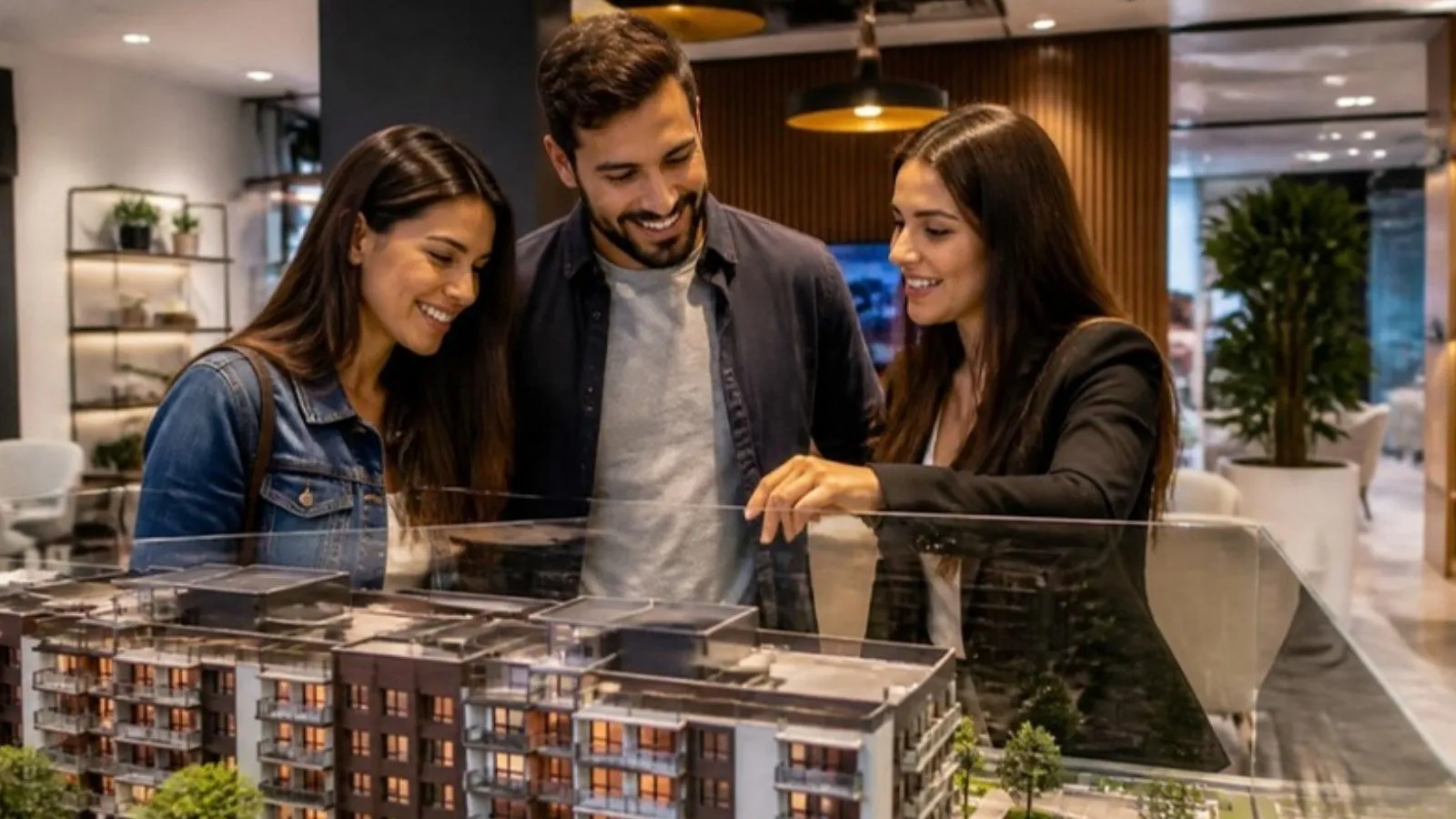Casal conhecendo maquete de apartamento em estande de vendas (imagem ilustrativa)