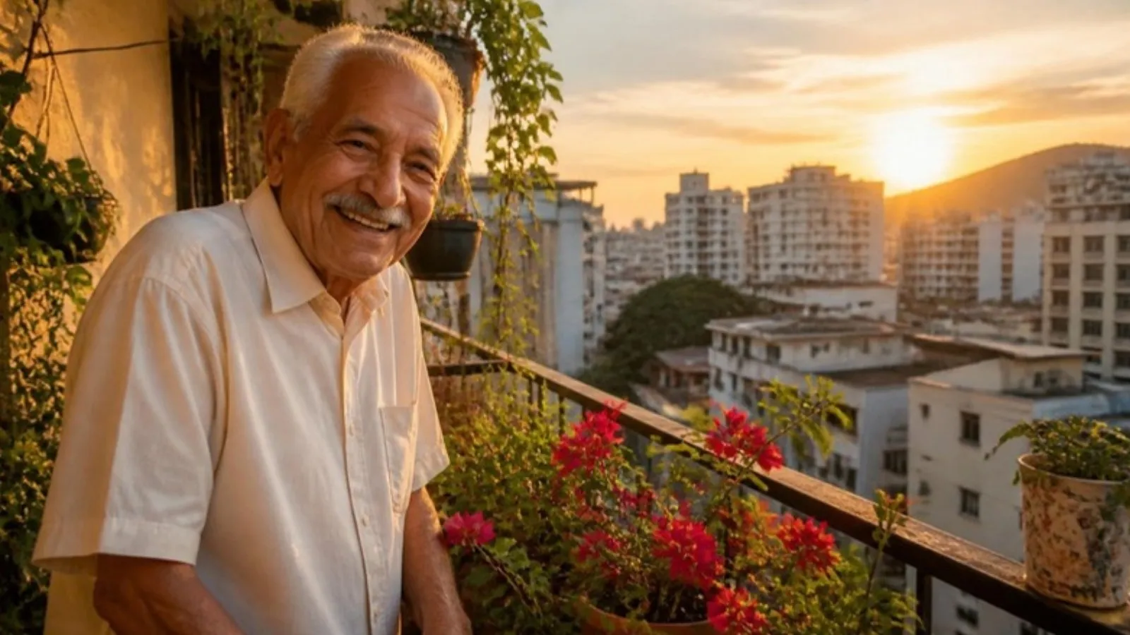 Idoso sorrindo na varanda de apartamento (imagem ilustrativa)