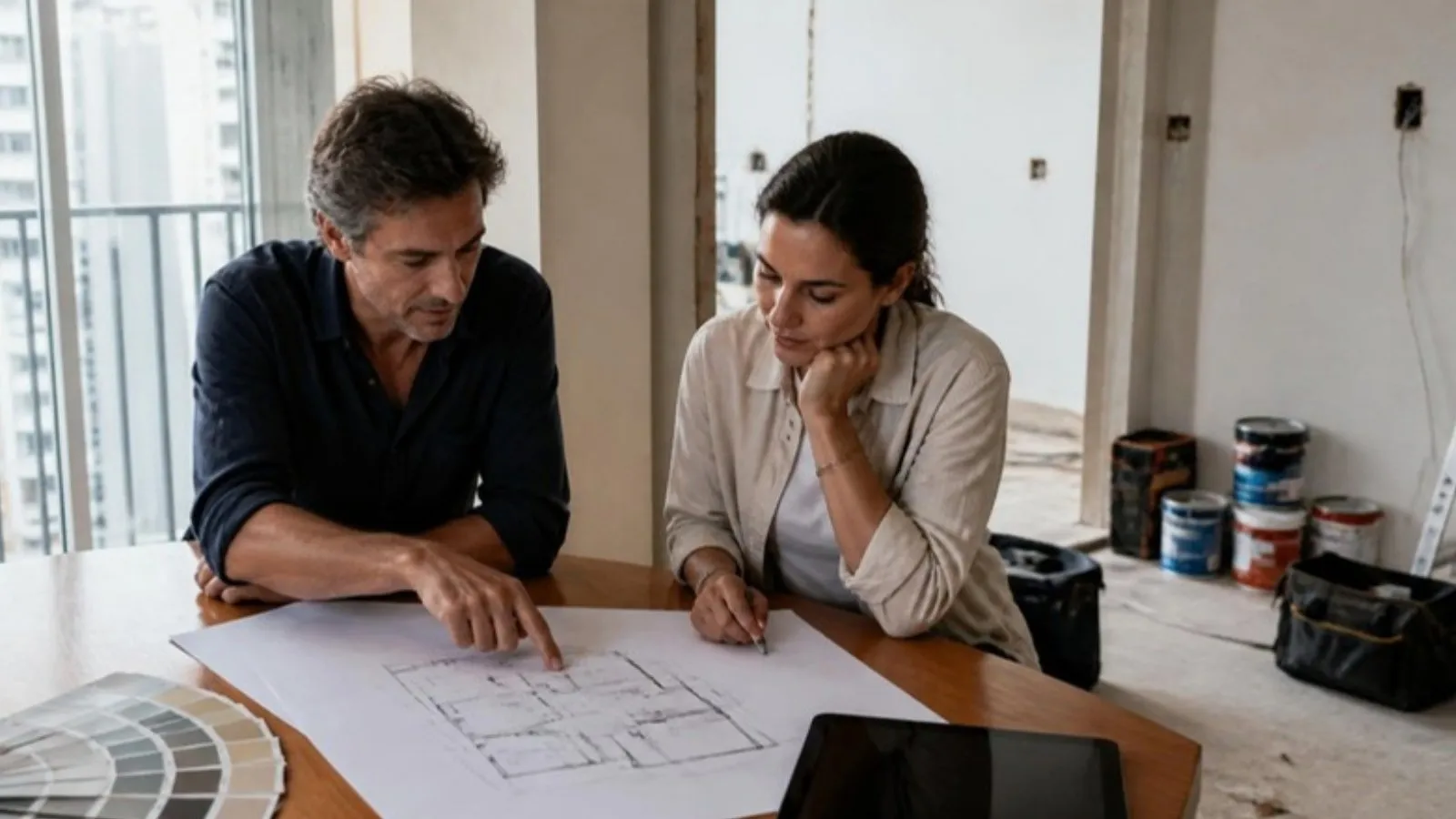 Profissional analisando planta de reforma de apartamento (imagem ilustrativa)