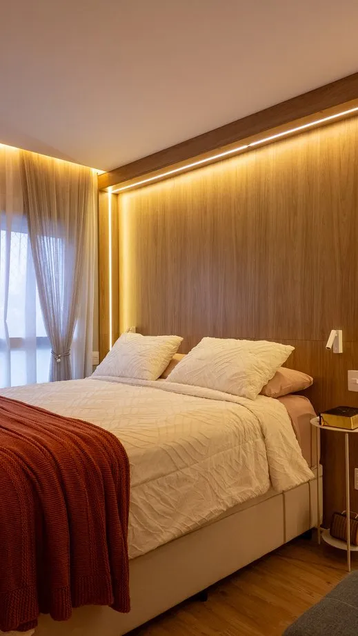Quarto com painel de madeira e iluminação indireta em projeto da Decorafit
