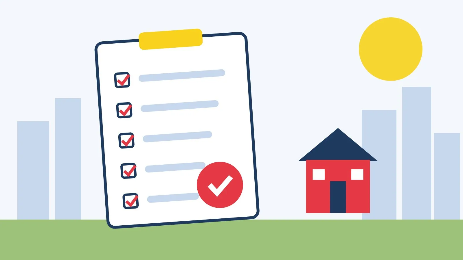 Ilustração de formulário de inscrição com casa e selo de aprovado