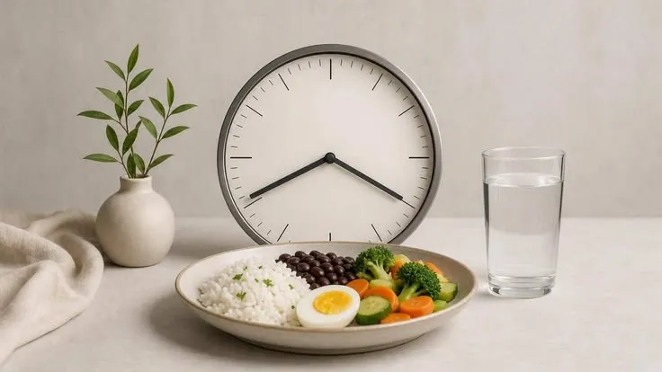 Pessoa organizando uma refeição equilibrada e um copo de água, com relógio ao fundo, para representar o jejum intermitente com atenção à saúde.