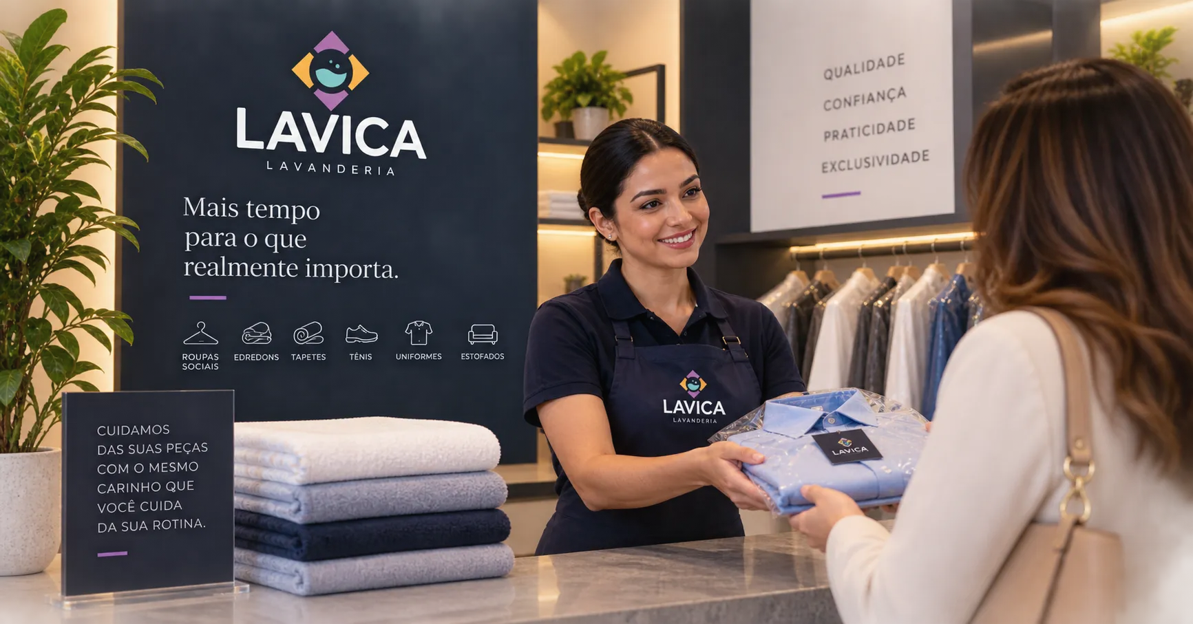 Cliente chegando a uma lavanderia profissional de bairro para entregar roupas em Boituva