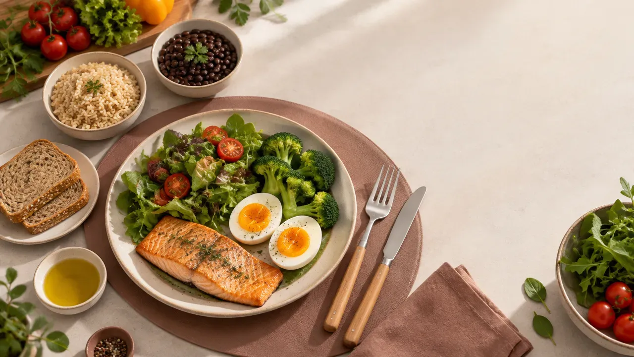 Mesa em estilo isométrico com prato de vegetais, peixe, ovos e porções de grãos integrais, representando uma alimentação com menos carboidratos e equilibrada.