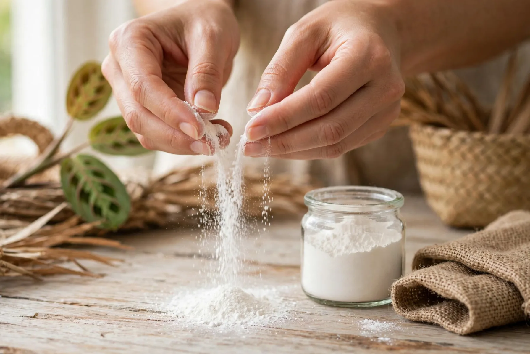 Mãos femininas testando finura do polvilho de araruta puro Maranta arundinacea artesanal caindo sobre mesa rustica