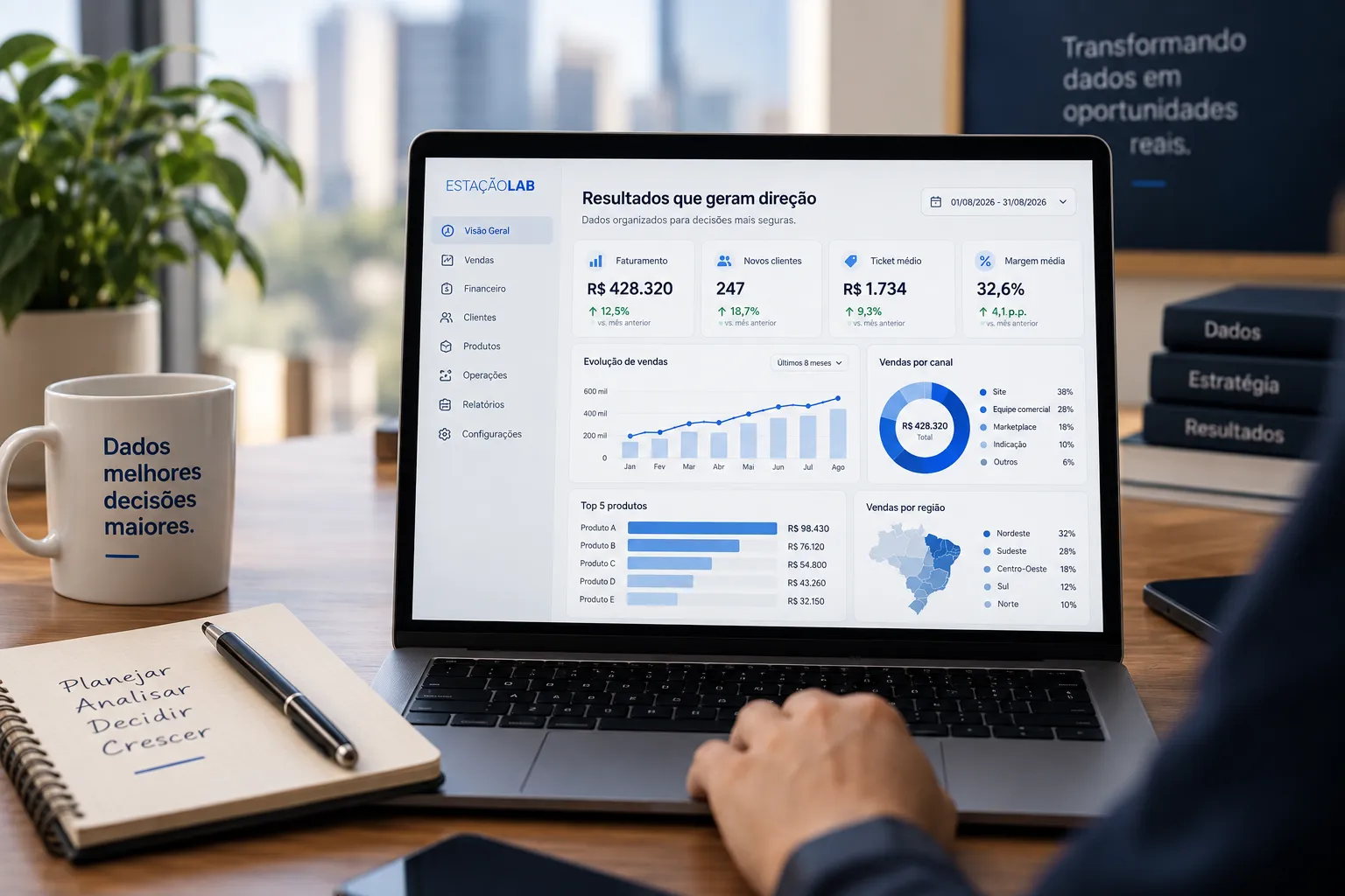 Dashboard de Business Intelligence com indicadores de vendas, margem, clientes e desempenho comercial em um ambiente de trabalho