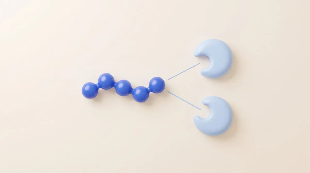 Ilustração abstrata sobre fundo creme: uma cadeia de cinco esferas azuis ligadas em sequência, como uma molécula estilizada, com duas linhas finas saindo dela para dois encaixes arredondados azul-claros, um acima do outro.