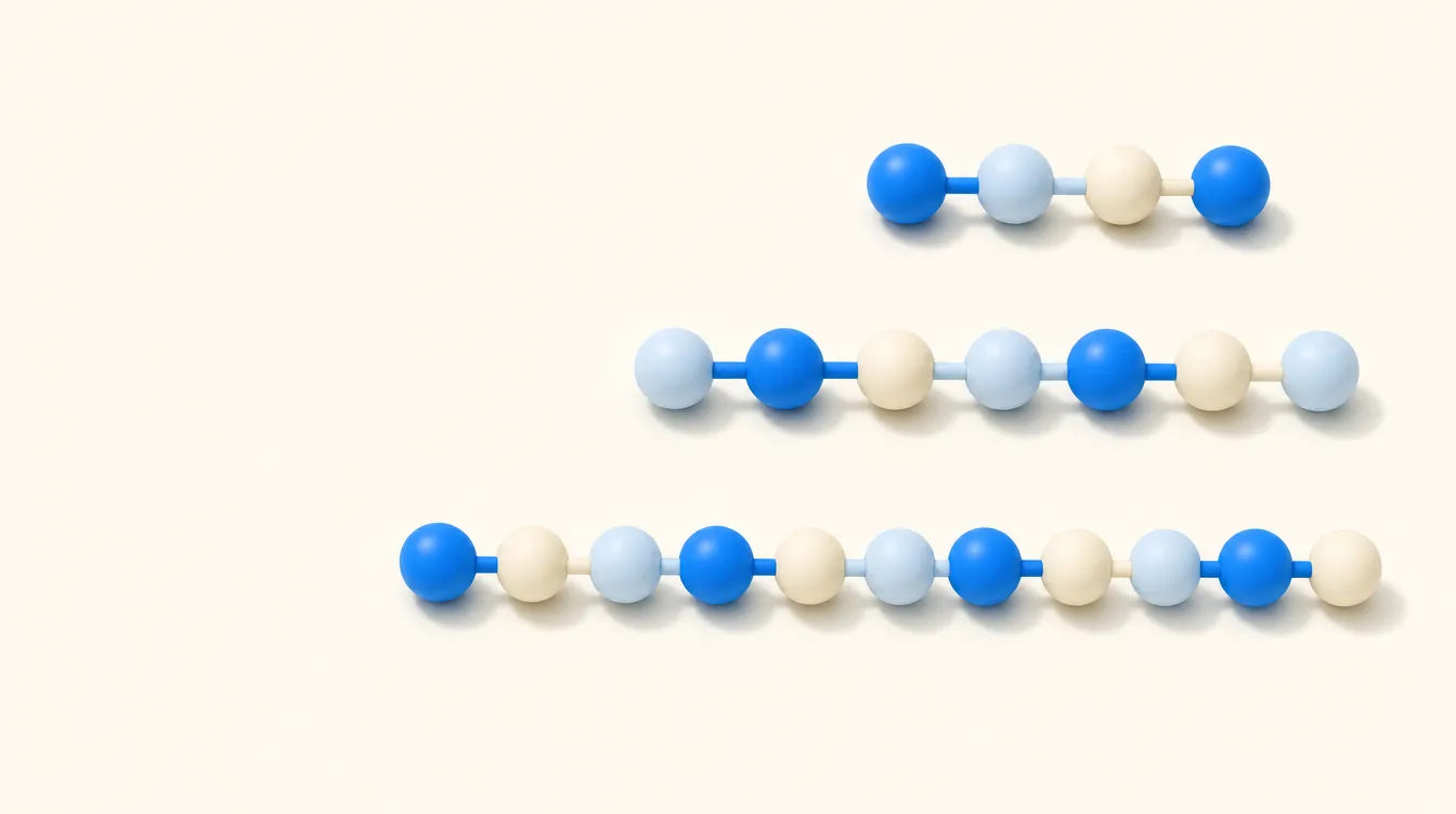 Ilustração de três cadeias moleculares de comprimentos diferentes, lado a lado, cada uma com uma ordem própria de esferas.