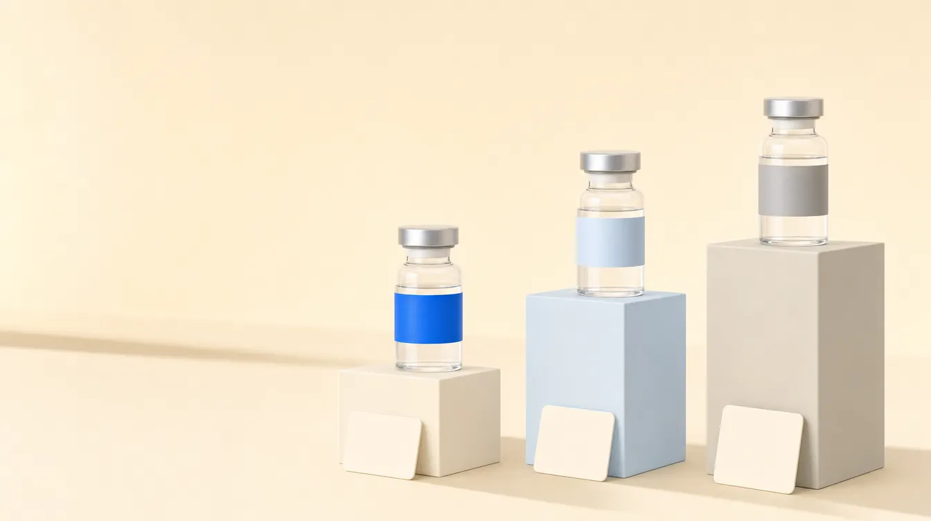 Ilustração de três vials em pedestais separados, cada um com uma faixa de cor diferente e um cartão em branco ao lado.