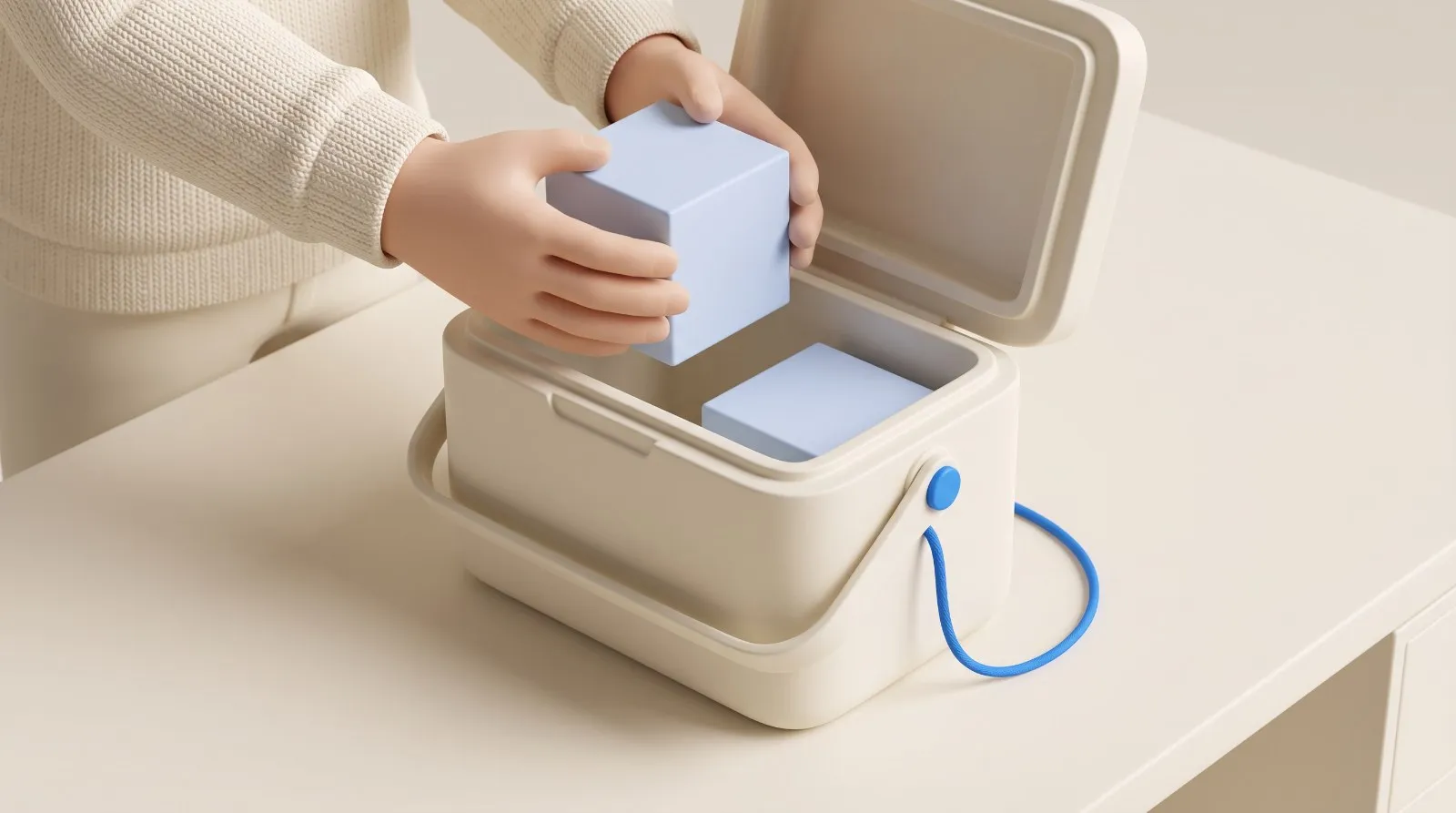 Ilustração em render suave: as mãos de uma pessoa de suéter creme guardando uma caixinha azul-clara sem rótulo numa caixa térmica creme aberta sobre a mesa, com outra caixinha igual já dentro.