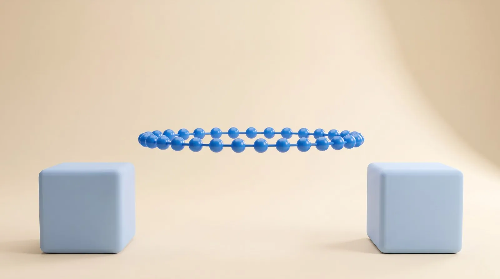 Ilustração em render suave sobre fundo creme: uma corrente de esferas azuis flutuando no meio, e duas caixas azul-claras idênticas e sem rótulo no chão, uma em cada ponta, como se a mesma corrente servisse às duas.