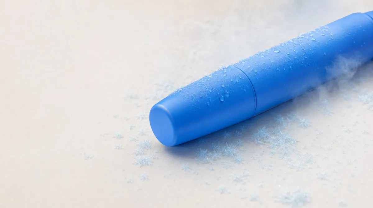 Close de uma caneta injetora azul tampada sobre superfície creme, coberta de cristais de gelo e gotas de condensação, com uma névoa fria em volta.