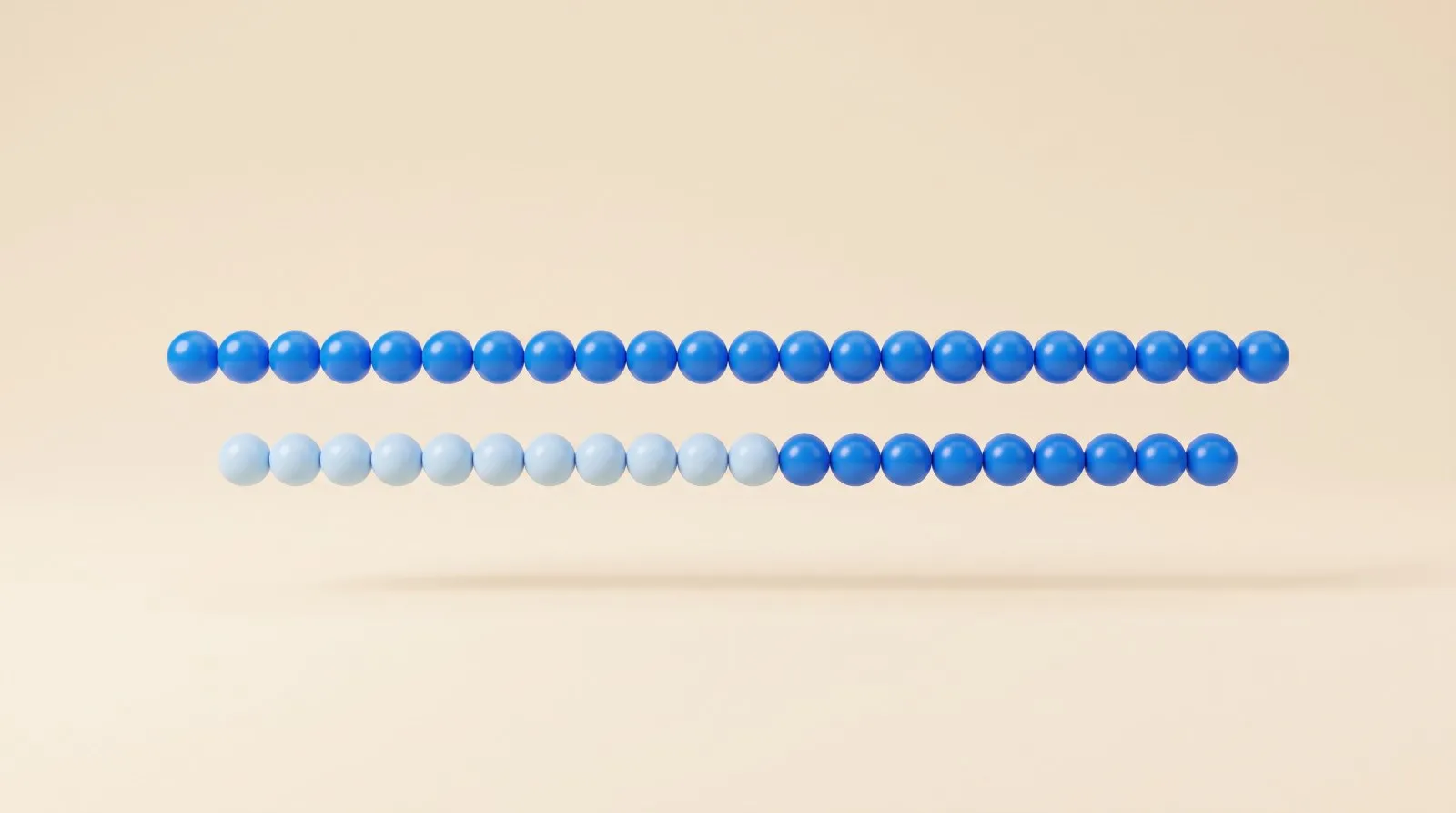 Ilustração em render suave sobre fundo creme: duas correntes horizontais de esferas flutuando uma sobre a outra, a de cima mais longa em azul vivo e a de baixo mais curta em azul-claro, com cerca de metade das esferas de baixo em azul vivo onde coincidem com a de cima.
