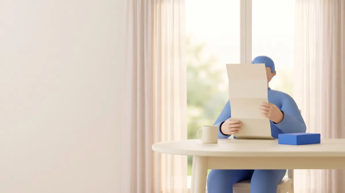 Ilustração de uma pessoa de suéter azul sentada à mesa de uma cozinha clara, lendo uma bula longa e em branco, com uma caneca e uma caixa de remédio azul sobre a mesa e uma janela ao fundo.