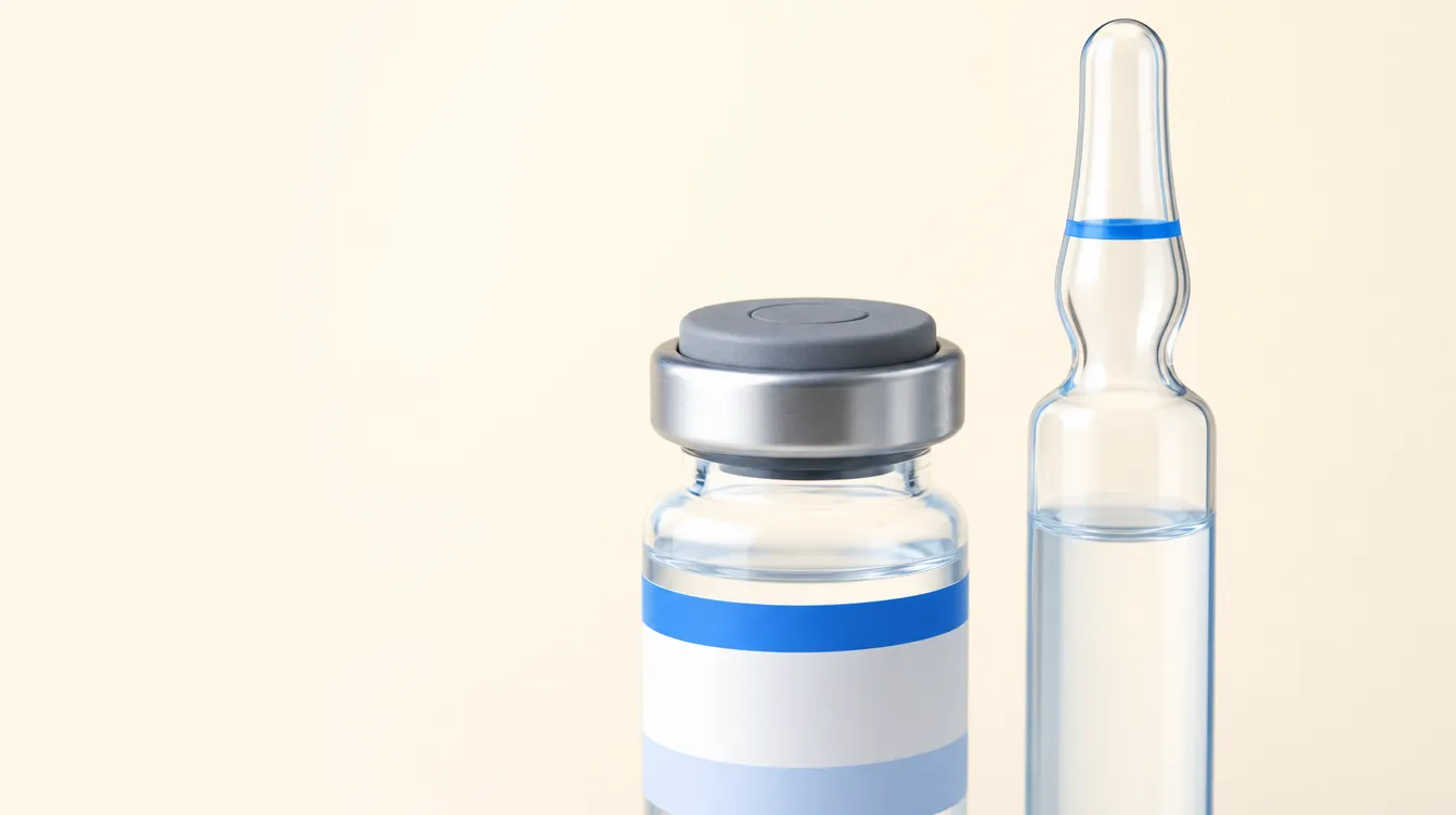 Ilustração em close de um vial de vidro com tampa de borracha e lacre de metal, ao lado de uma ampola de vidro selada de pescoço estreito, ambos com uma faixa azul.