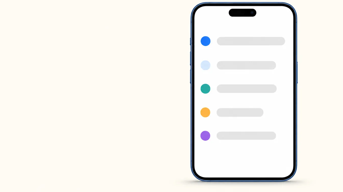 Ilustração da tela de um celular com uma lista de cinco itens, cada um marcado por um círculo de cor diferente e uma linha cinza no lugar do nome.