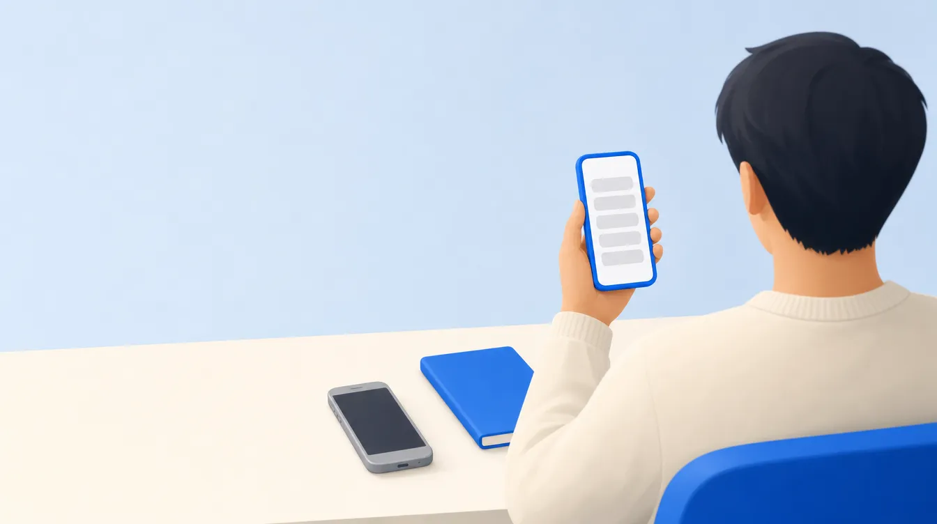 Ilustração de uma pessoa vista de costas segurando um celular novo com uma lista de registros, com o celular antigo apagado sobre a mesa.