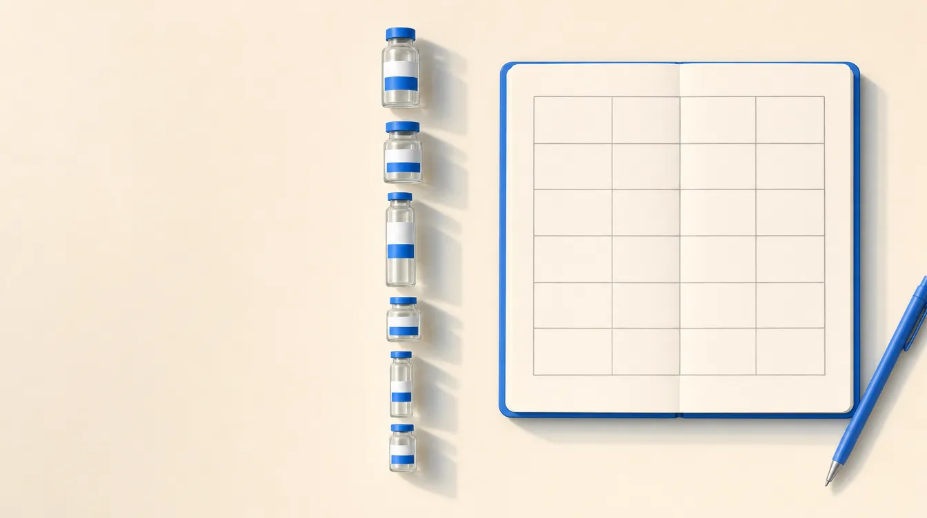 Ilustração vista de cima de seis vials enfileirados ao lado de um caderno com uma tabela em branco e uma caneta.