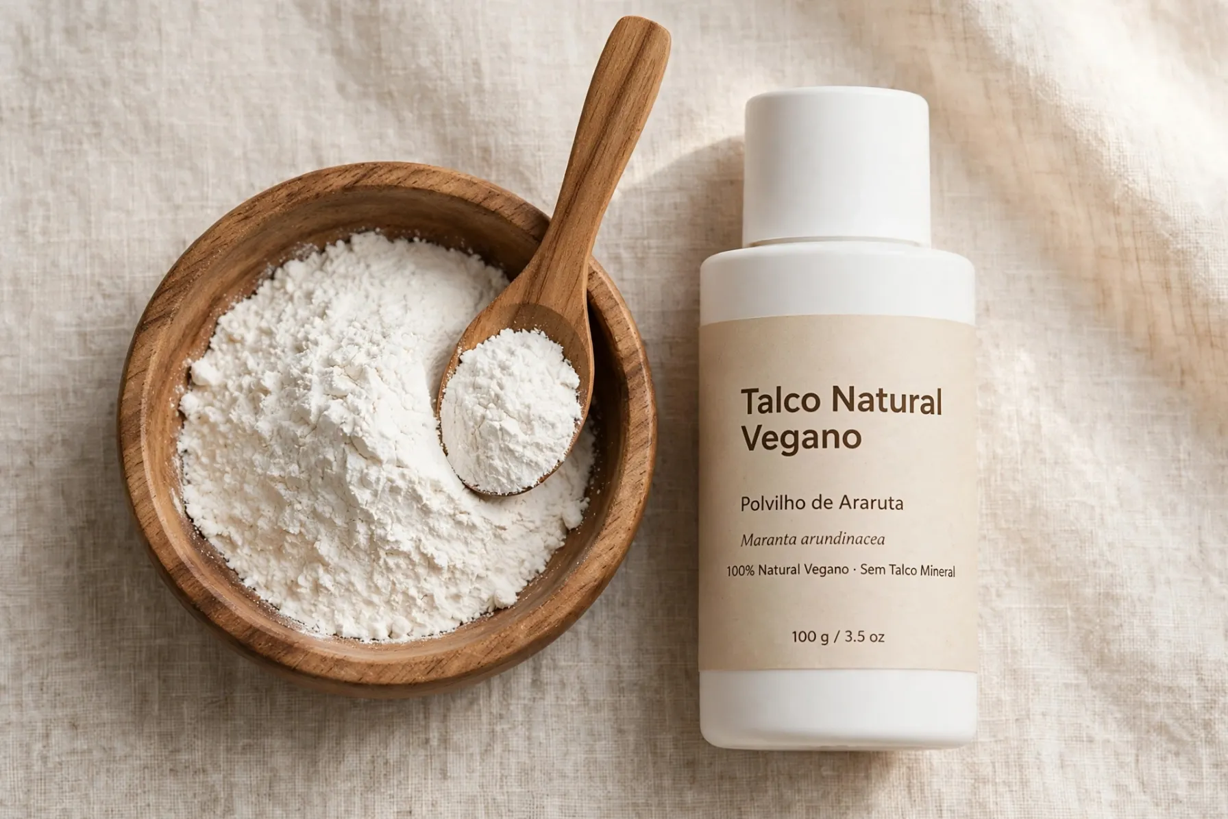Tigela de madeira com polvilho de araruta puro e frasco de talco natural vegano polvilho de araruta sem talco mineral