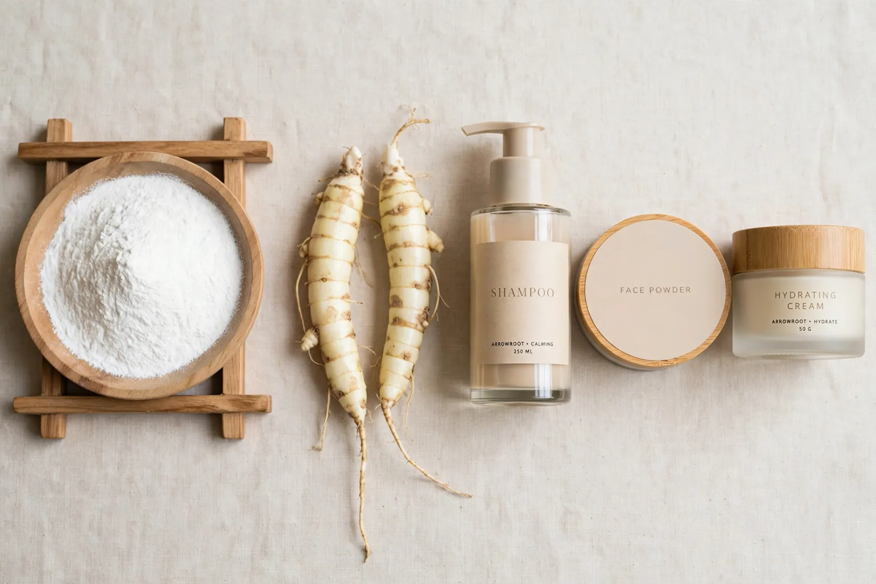 Bandeja de madeira com polvilho de araruta puro, dois rizomas de araruta Maranta arundinacea e cosméticos naturais - shampoo face powder e creme hidratante
