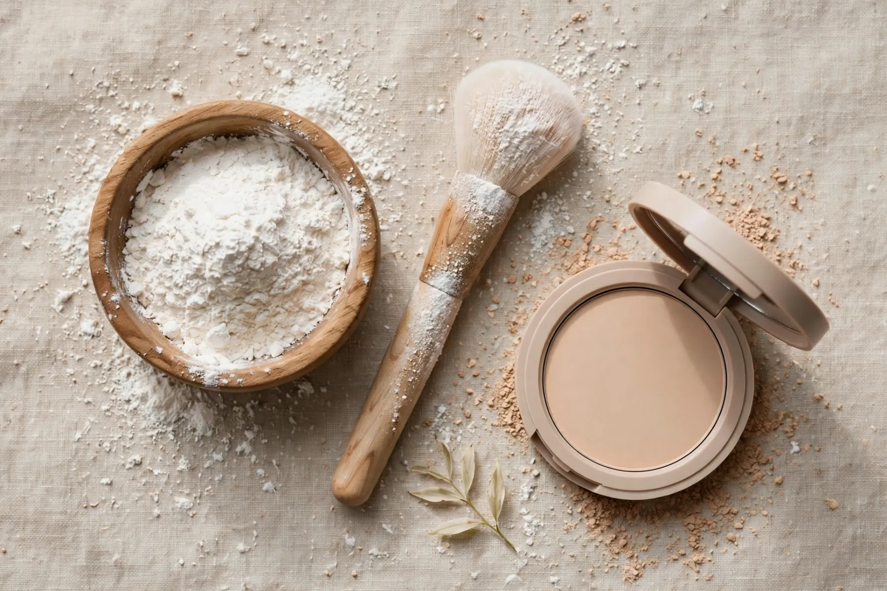 Pó facial matificante natural com polvilho de araruta, pincel de maquiagem e base mineral em compacto