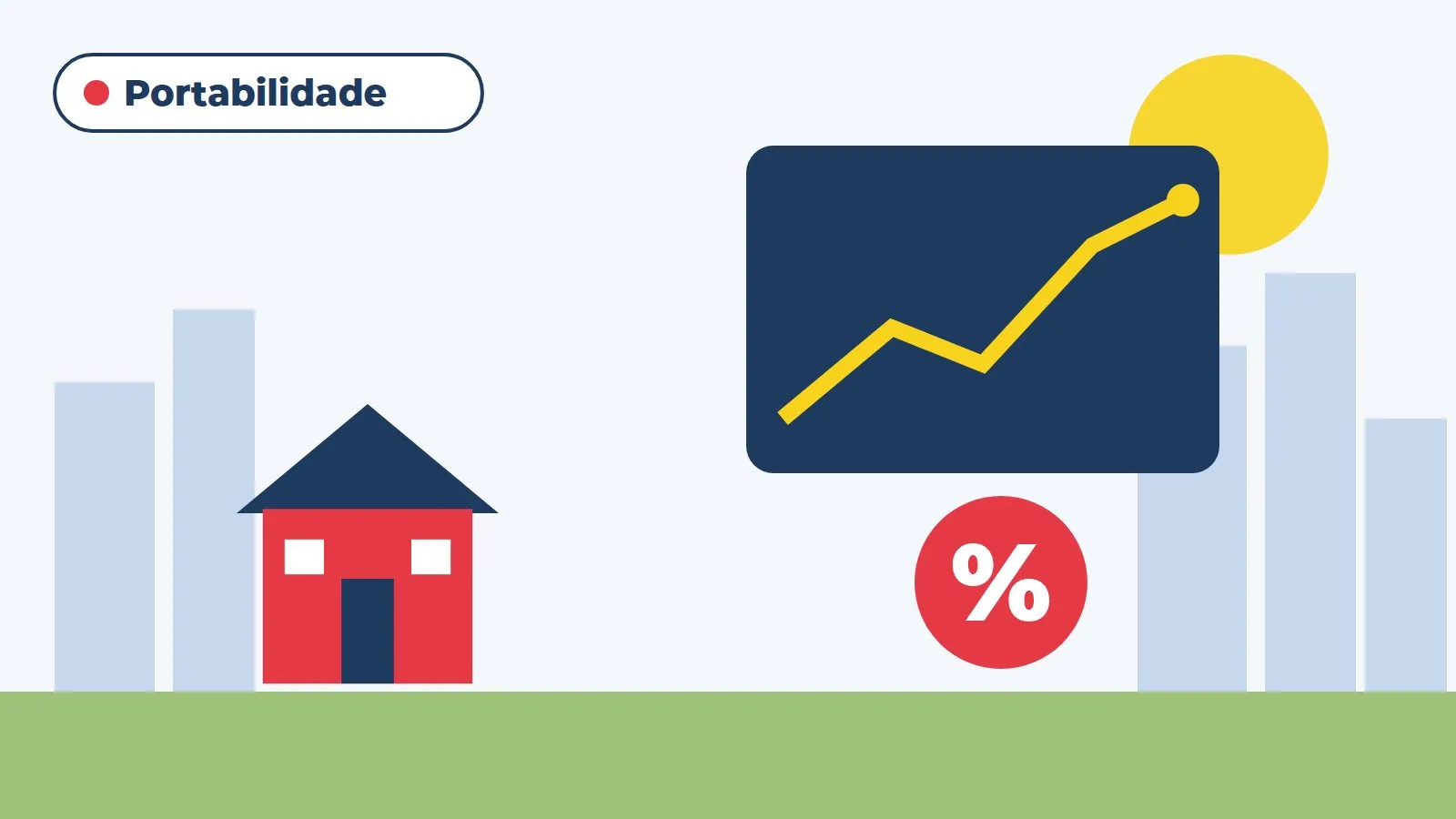 Ilustração de gráfico de juros e casa representando a portabilidade