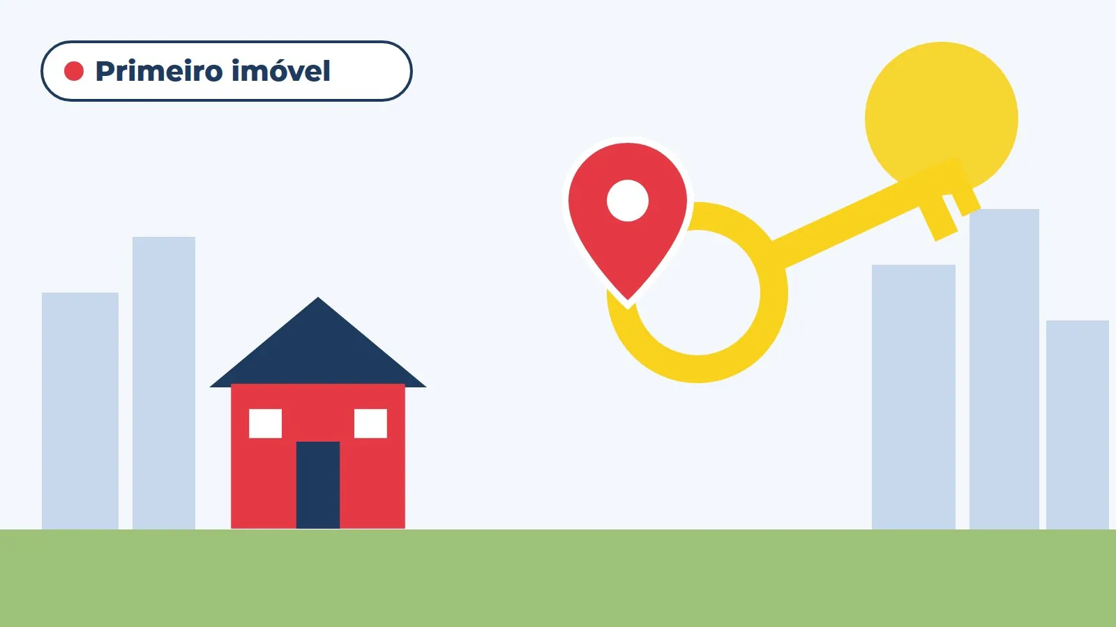 Ilustração de chave, casa e pino de localização do primeiro imóvel