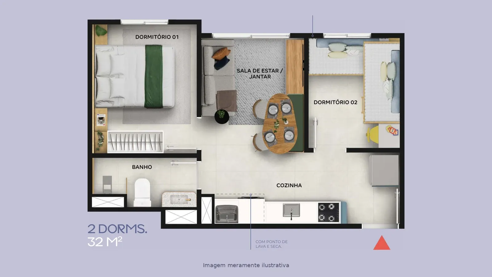 Planta humanizada de apartamento de 2 dormitórios e 32 m² do Horizonte Jaraguá, da Tenda (imagem ilustrativa)