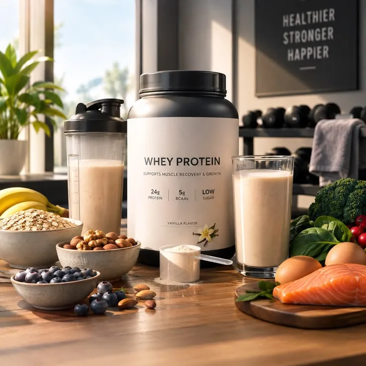 Variedade de alimentos com proteínas, incluindo ovos, peixe, feijão, whey, lentilhas e tofu  sobre uma mesa