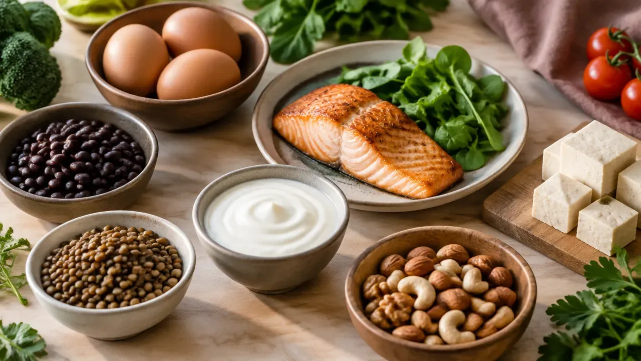 Variedade de alimentos com preotéinas sobre uma mesa