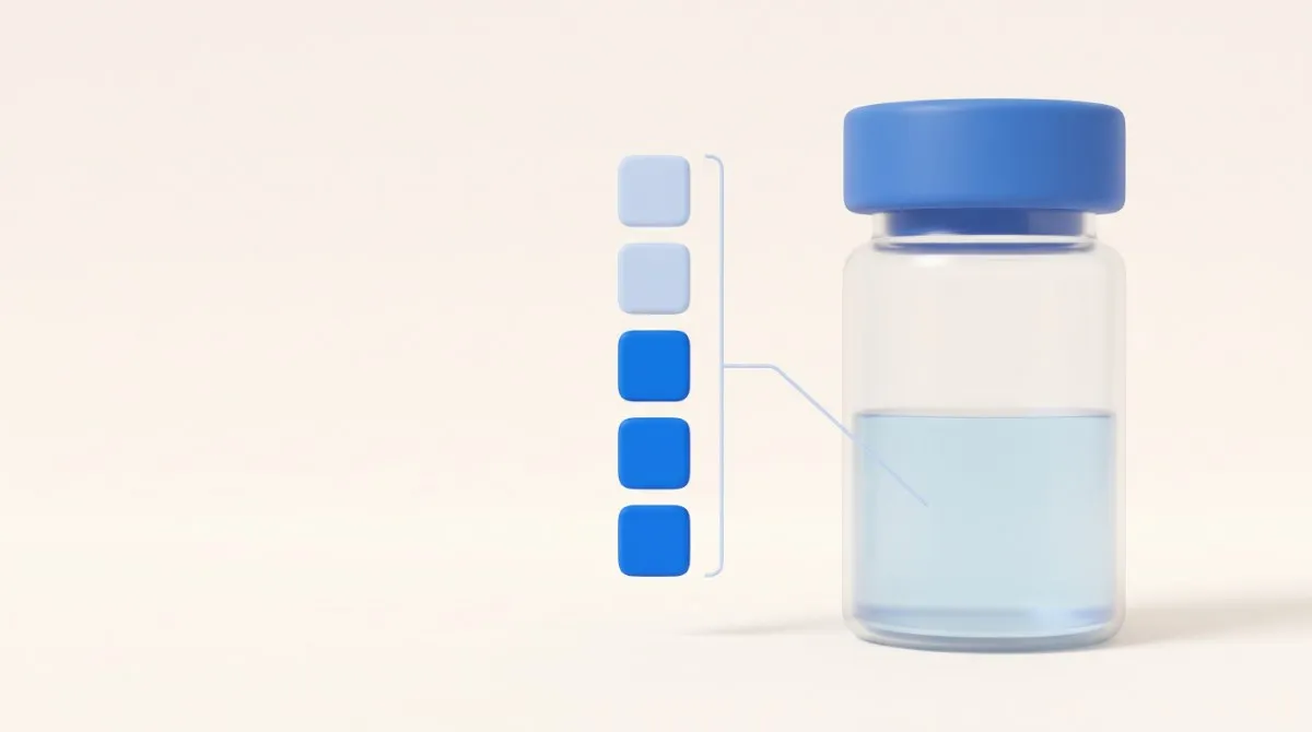 Ilustração de um vial grande de tampa azul, pela metade, sobre fundo creme; ao lado, uma coluna de marcadores arredondados, os de cima claros e os de baixo azuis, ligados por uma linha fina ao nível do líquido.