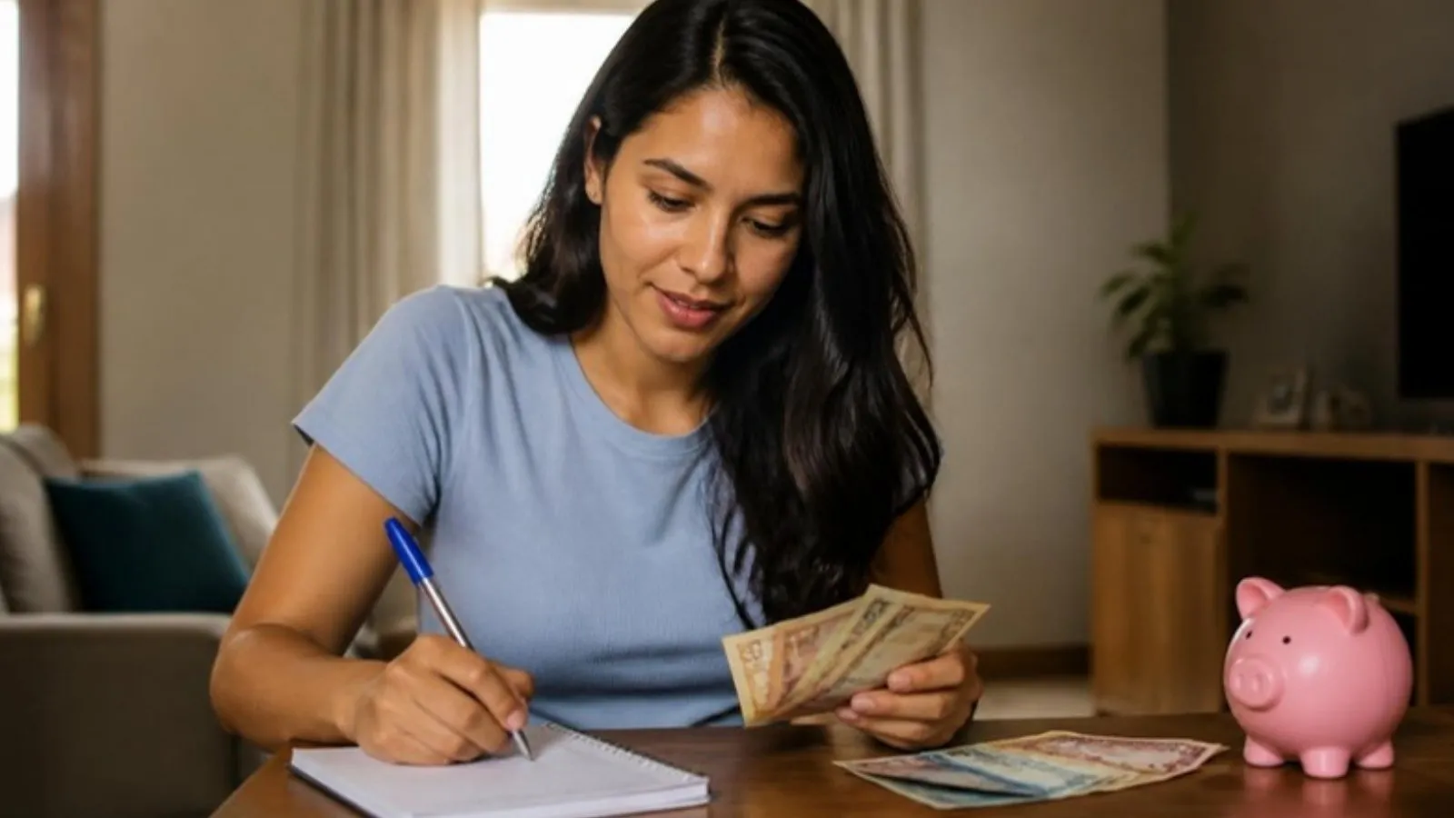 Trabalhadora organizando o orçamento para comprar a casa própria (imagem ilustrativa)
