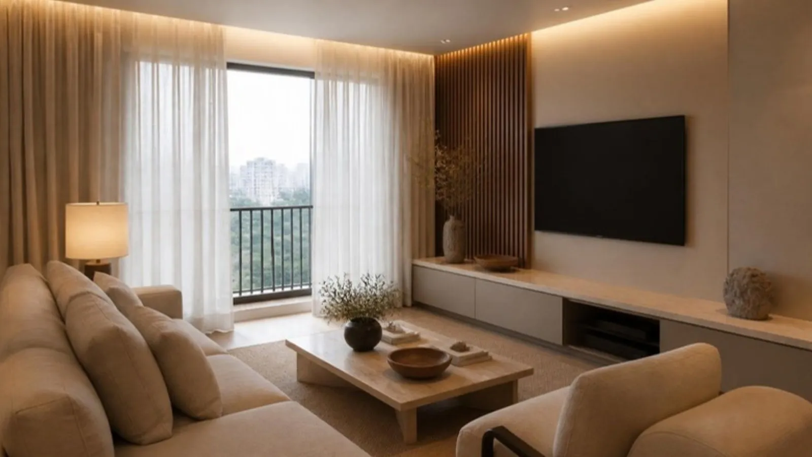 Sala de apartamento em estilo quiet luxury com sofá bege e luz indireta (imagem ilustrativa)