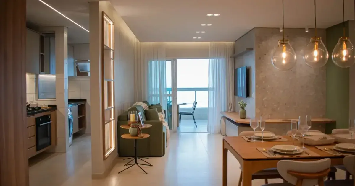Sala integrada de apartamento reformado, com iluminação planejada, painel e mesa de jantar