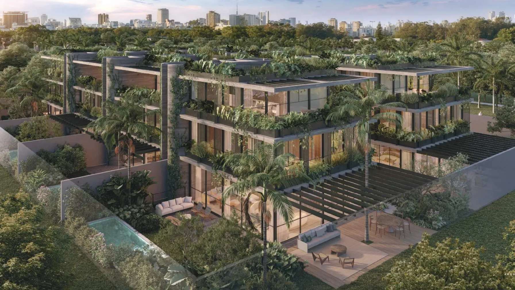 Vista aérea do Relva Alto de Pinheiros, com casas contemporâneas, jardins e piscinas privativas.