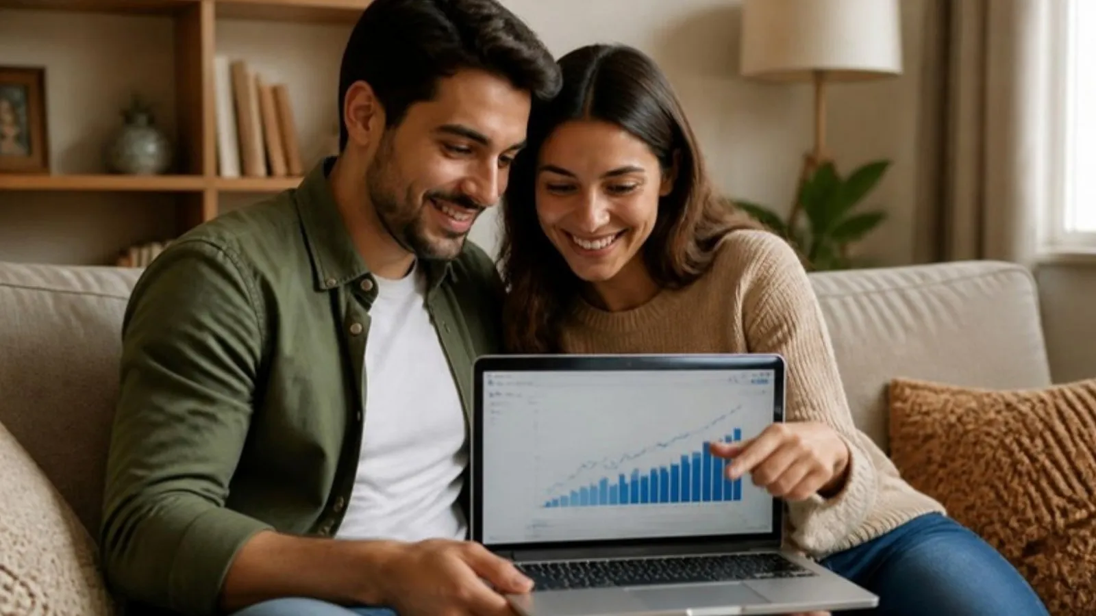 Casal analisando simulação de financiamento no notebook (imagem ilustrativa)