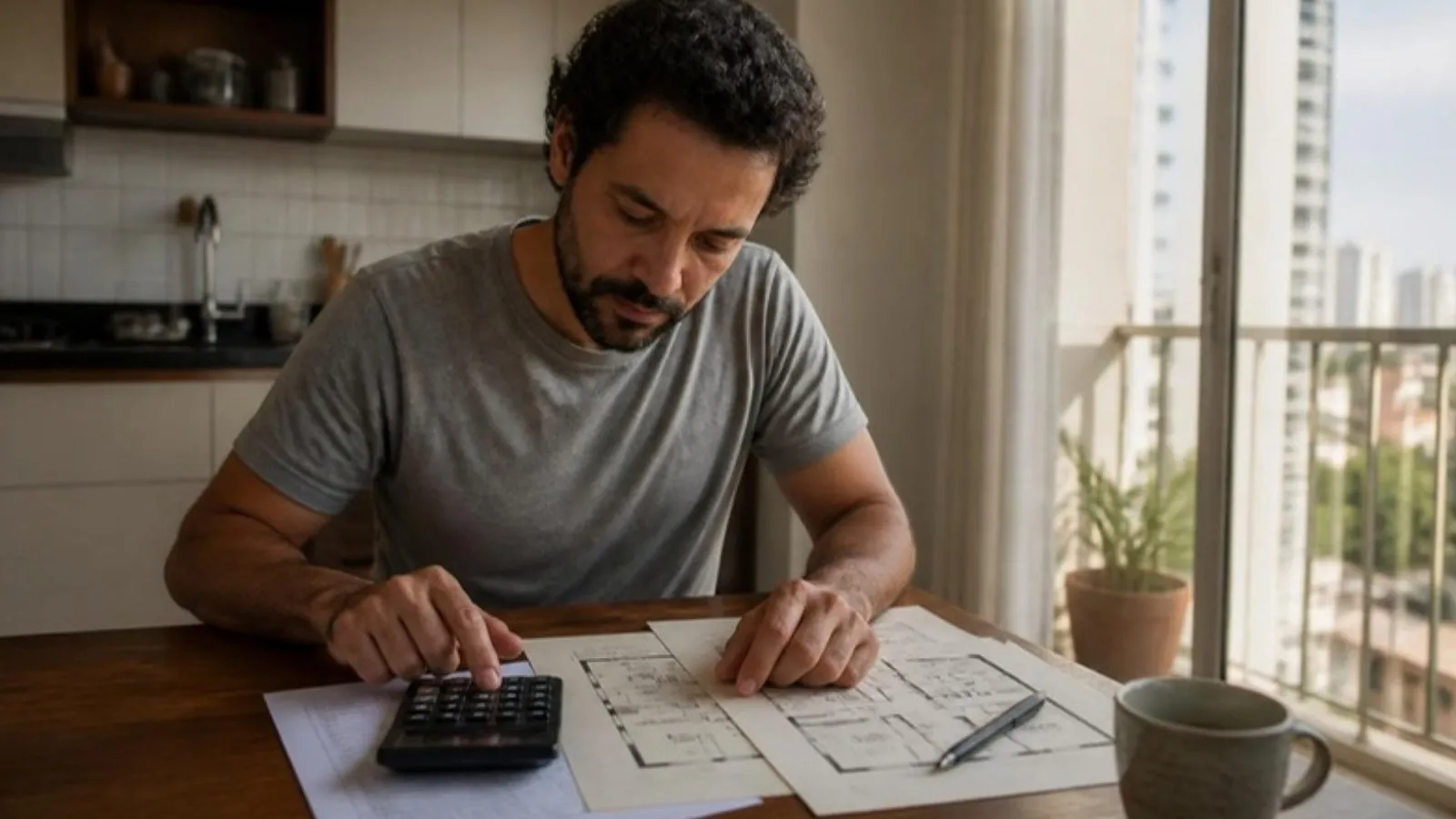 Homem calculando a renda para financiar apartamento com planta sobre a mesa (imagem ilustrativa)