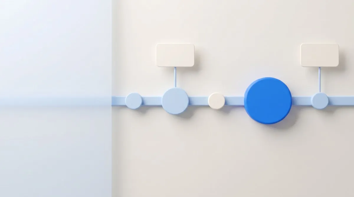 Diagrama de uma linha do tempo horizontal com cinco marcadores circulares de tamanhos diferentes, um deles em azul forte e mais alto que os outros, e duas plaquinhas em branco presas à linha.