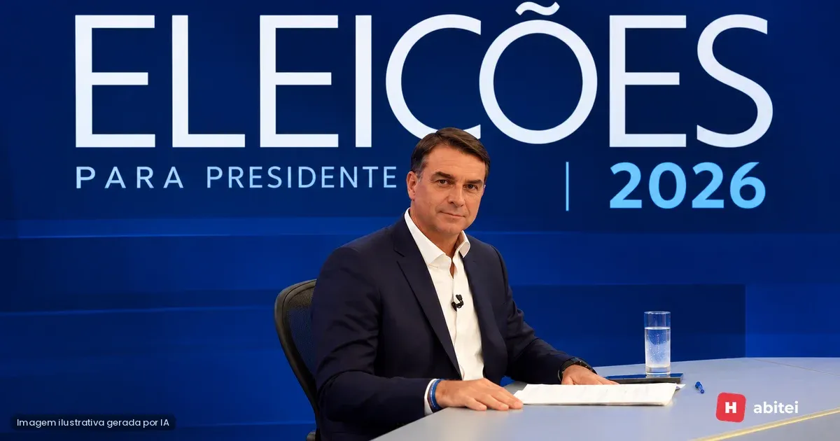 Ilustração gerada por IA de Flávio Bolsonaro em estúdio com o texto Eleições 2026; não é foto real