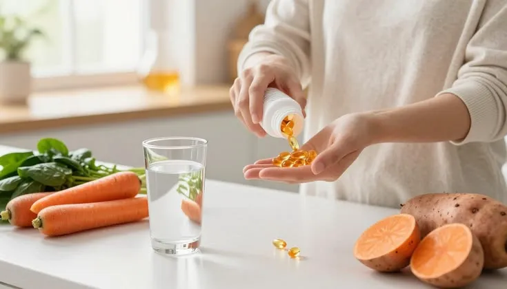 Pessoa consumindo um suplemento alimentar em capsúla próximo à uma bancada com alimentos frescos e água