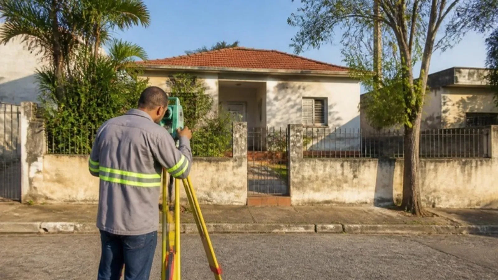 Imagem ilustrativa: topógrafo medindo terreno em frente a uma casa