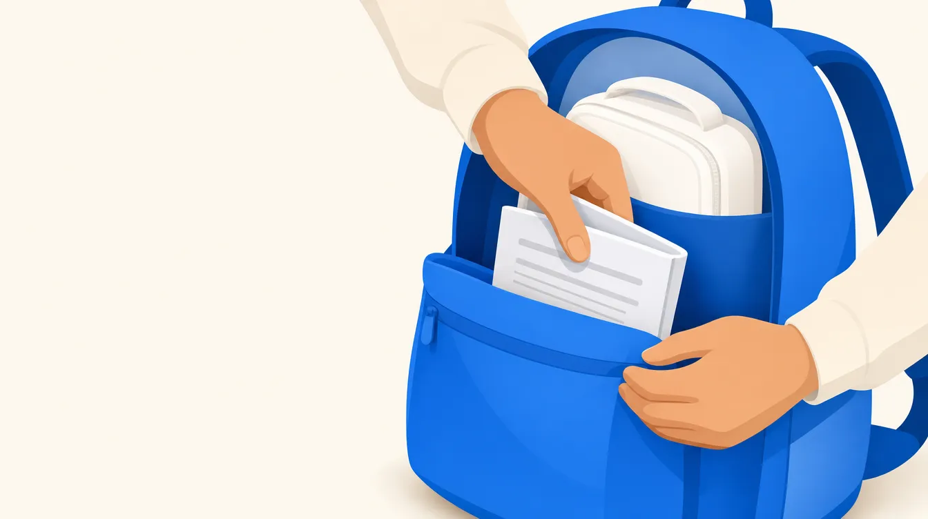 Ilustração de mãos guardando um documento no bolso de uma mochila azul, com uma bolsa térmica no compartimento principal.